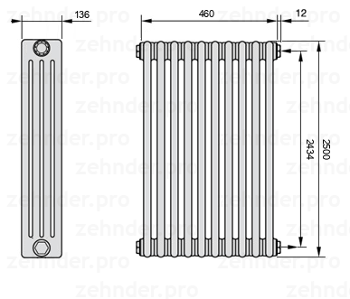 Схема (чертеж) Радиатор Zehnder Charleston 4250/10 №7610 Белый глянцевый RAL 9016